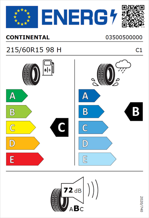 Tyre Label for Continental ContiPremiumContact 2 215/60R15 98H